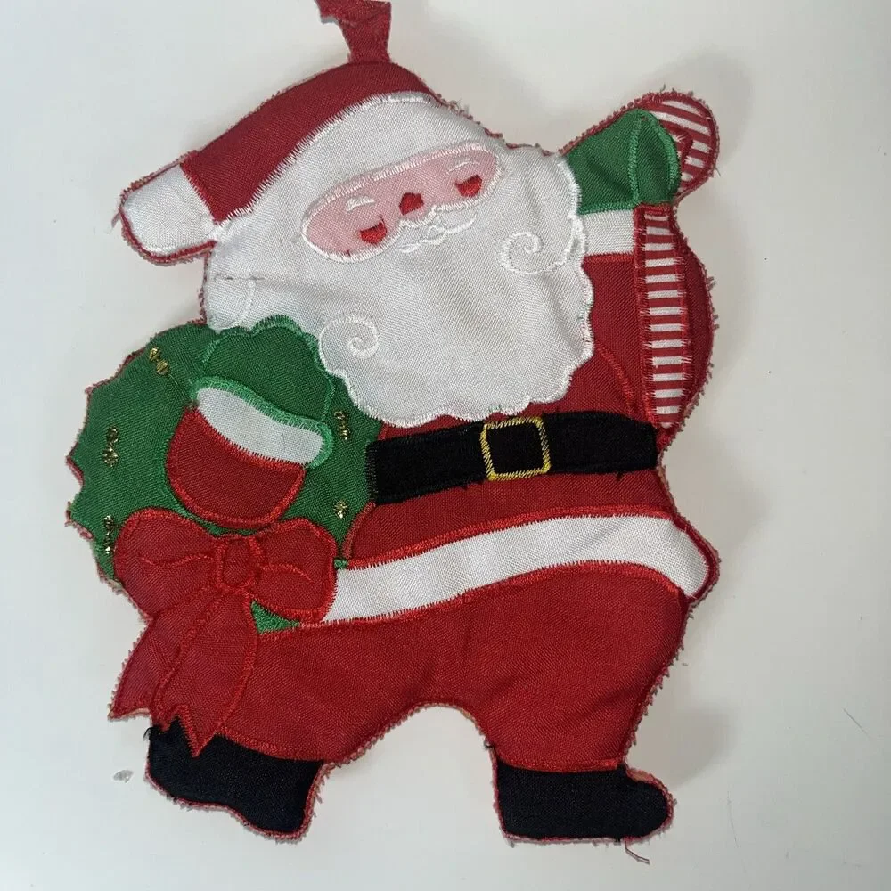2 Vintage Handmade Christmas Pot Holders Santa Clause / Stocking 8” Tall